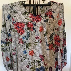 Lee Burgundy Floral Womens Smoked Blouse Top Plus 2X Grey & White 100% Polyester